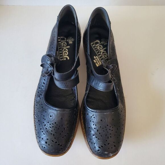 RIEKER Antistress Black Leather Mary Jane Flats Women's EU 42 US 11-12 Laser Cut - Picture 3 of 16